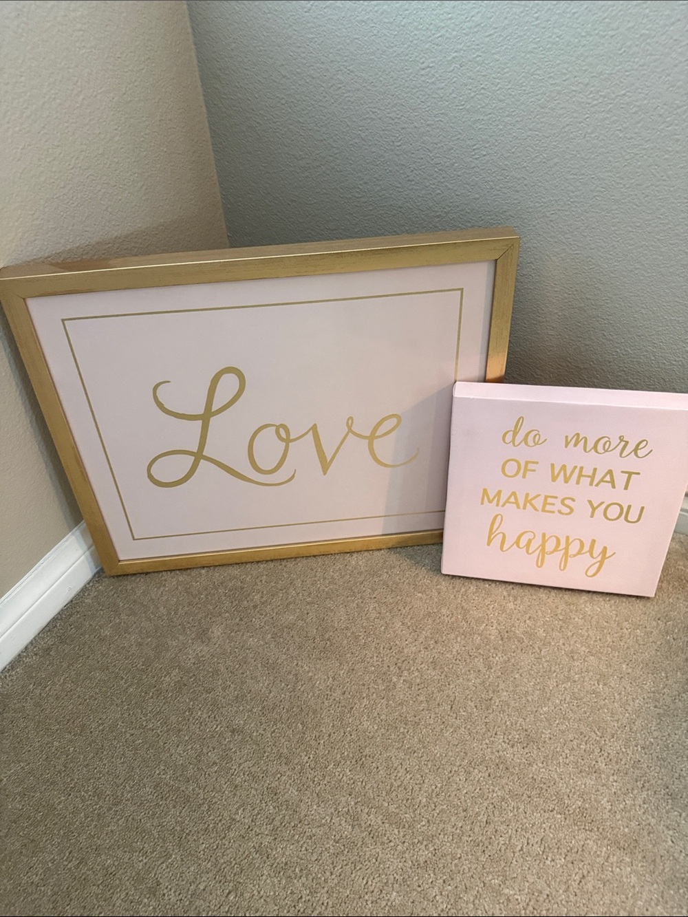 Pink & Gold Wall Art Set – Framed “Love” + Motivational Canvas